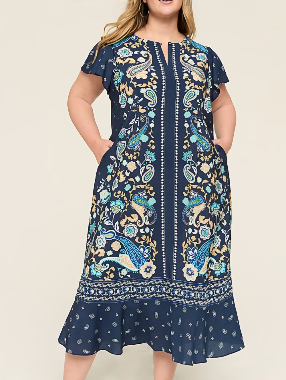 Boho Paisley Flutter Sleeve Midi Dress with Pockets - Navy Blue